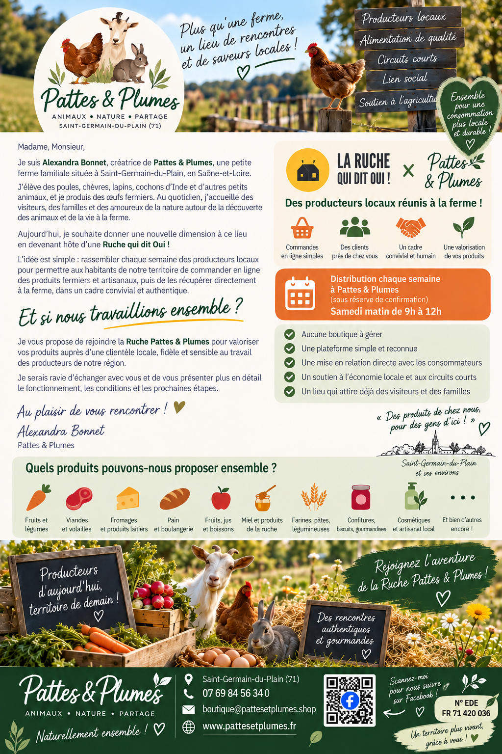 Affiche d'invitation aux producteurs locaux à rejoindre la Ruche Pattes & Plumes à Saint-Germain-du-Plain