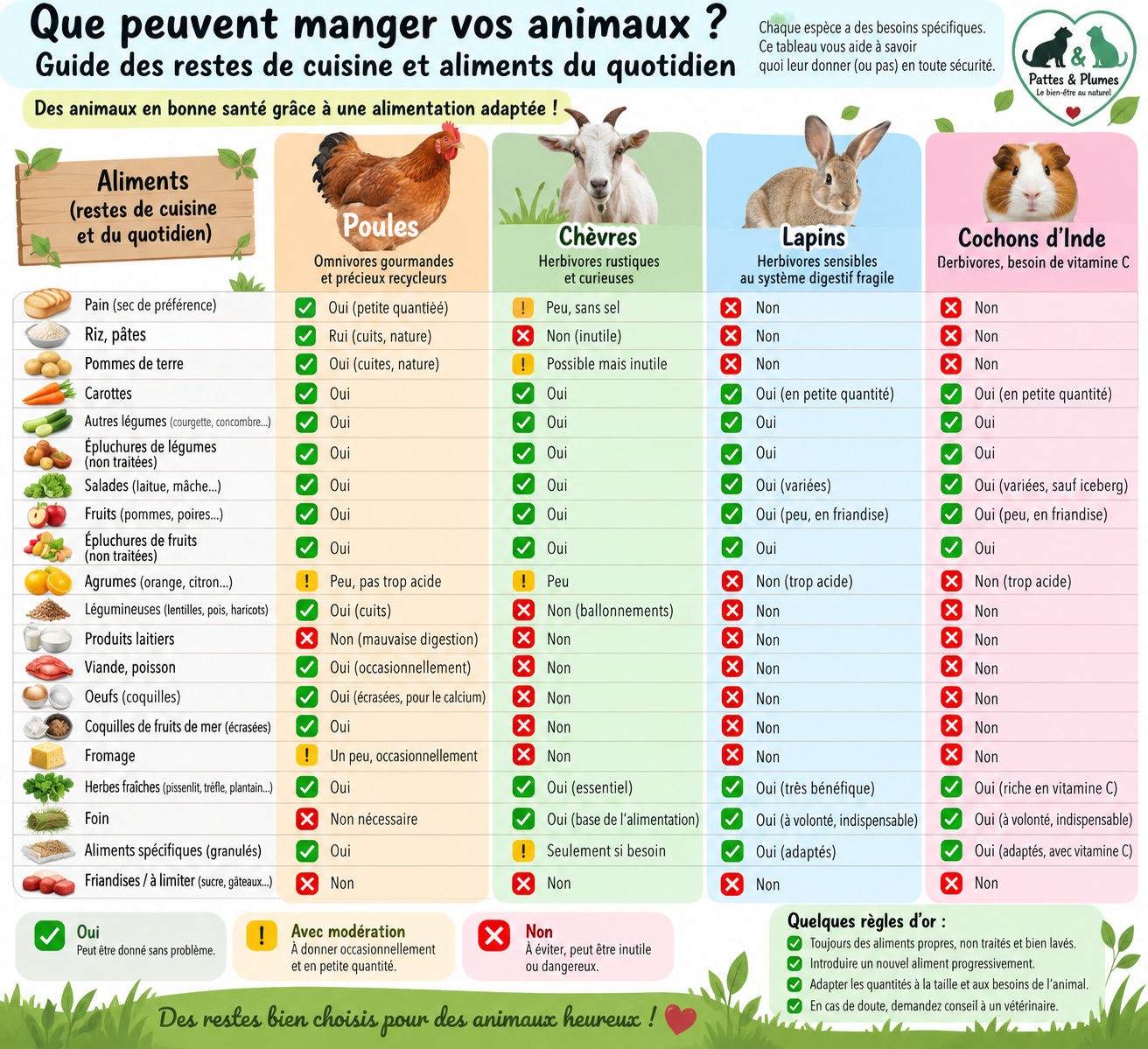 Tableau Pattes & Plumes : ce que peuvent manger les poules, chèvres, lapins et cochons d'Inde