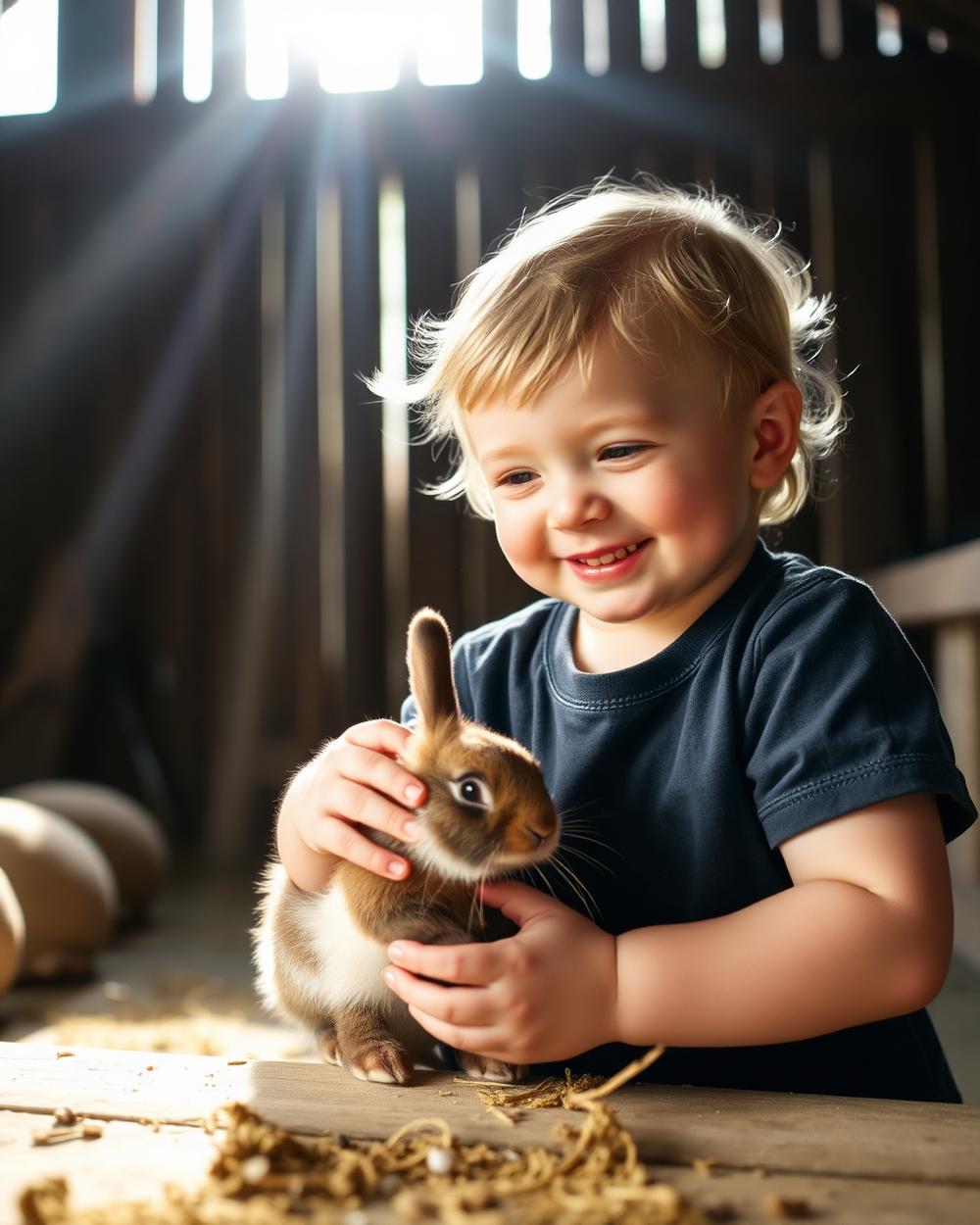 Enfant caressant un lapin lors d'un atelier