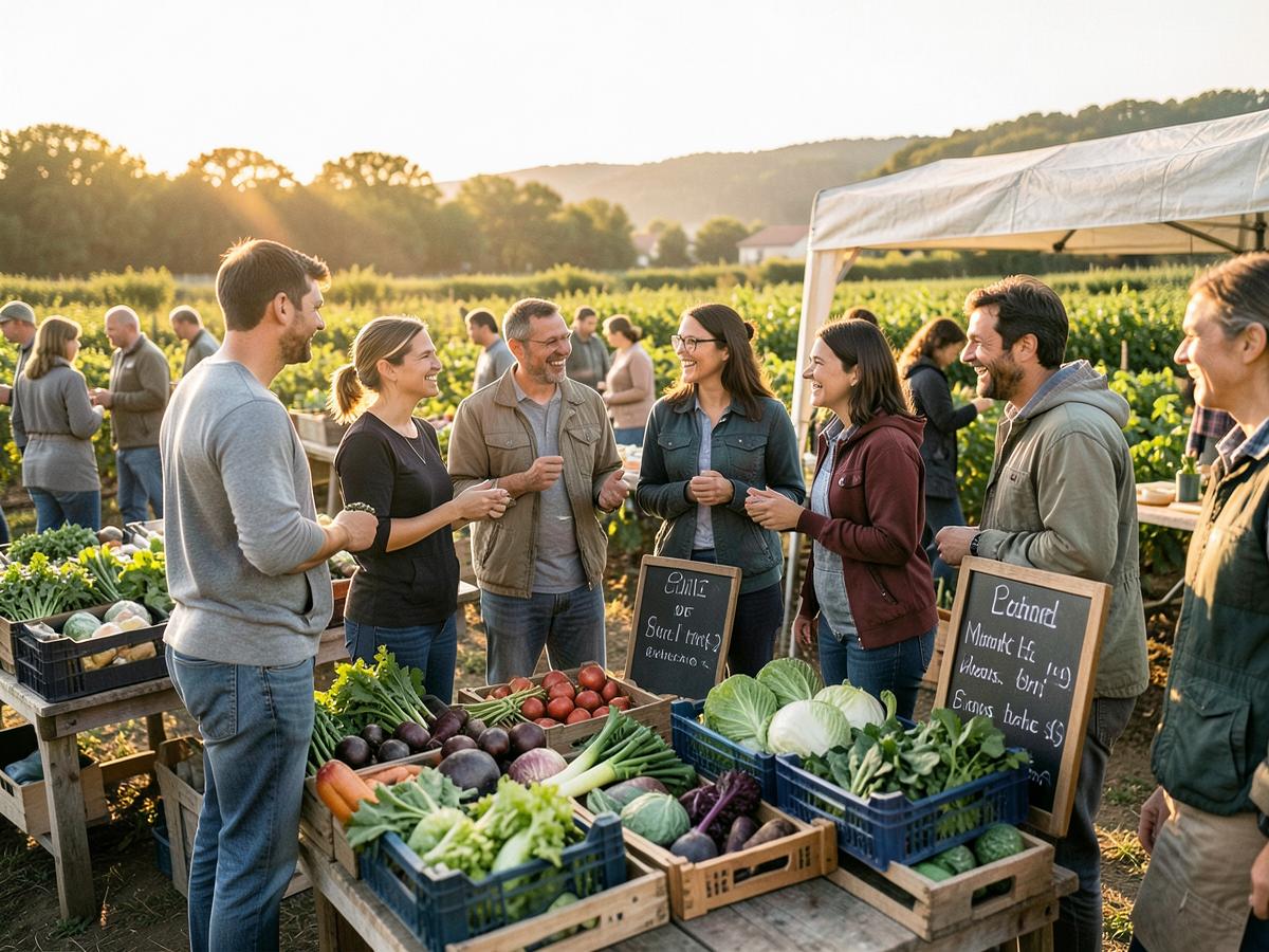 Producteurs et habitants échangent autour d'étals de légumes lors d'une distribution de la Ruche