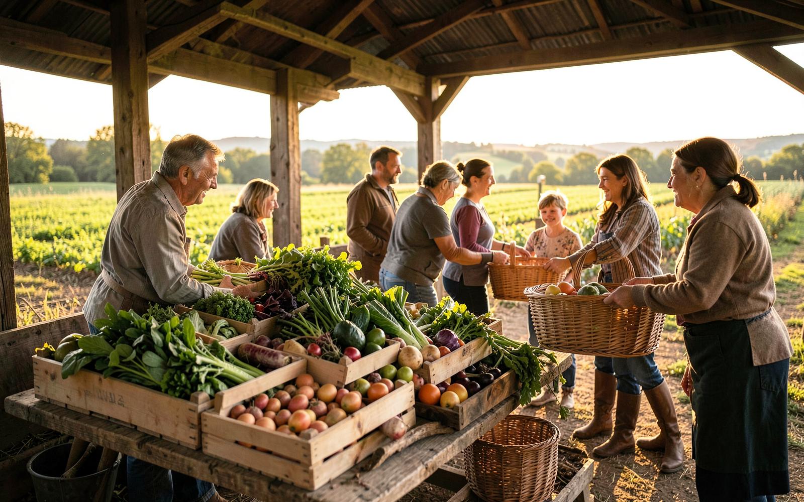 Distribution de paniers de légumes fermiers sous un préau, producteurs et familles échangent des paniers