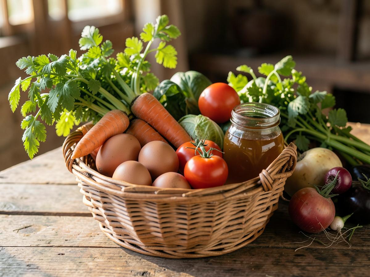 Panier en osier garni d'œufs fermiers, carottes, tomates et miel de la ferme